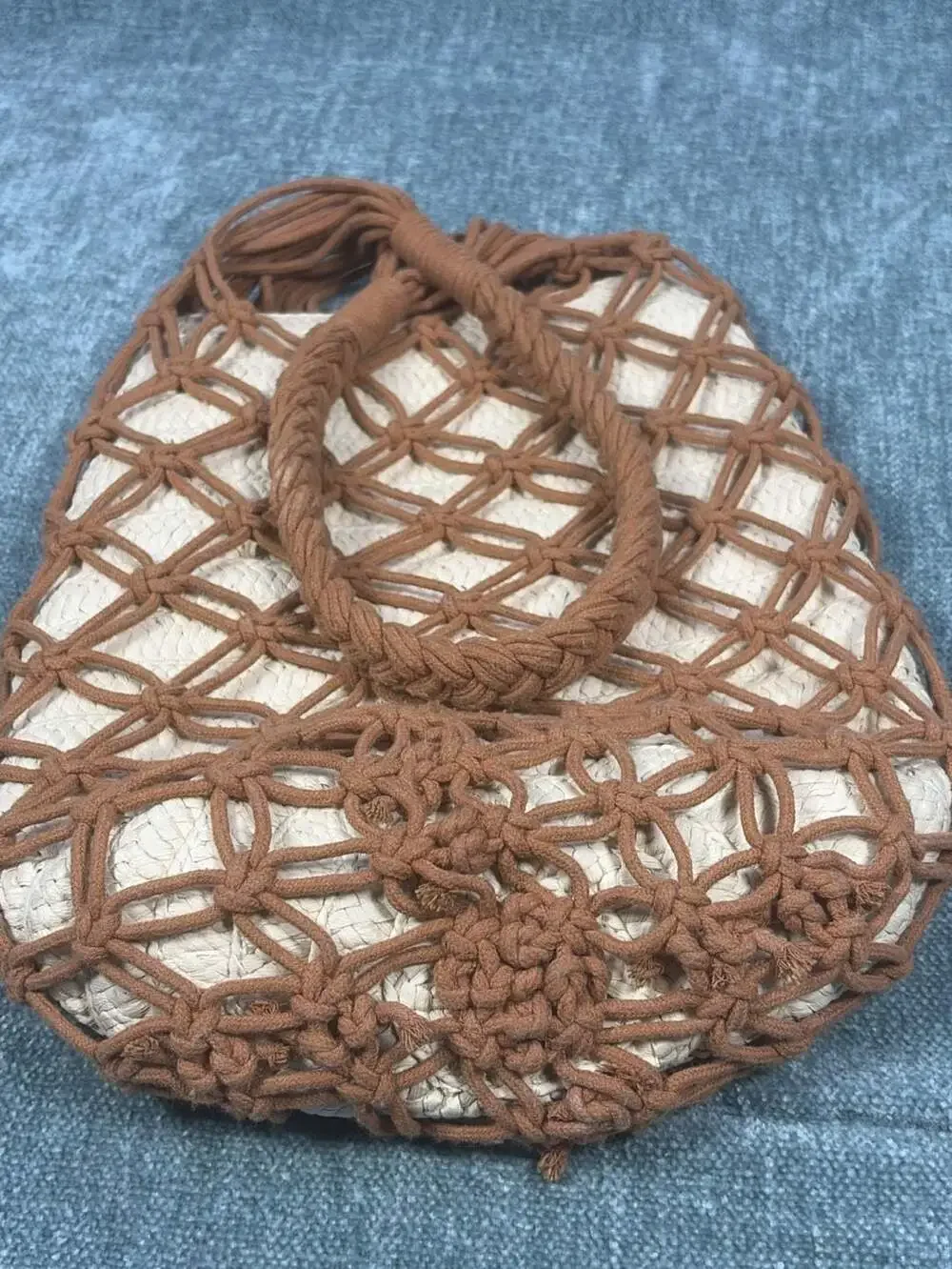 Macrame and Straw Bucket Tote Cottagecore Bag  Braided Handles beachy